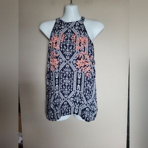 Navy and Coral Patterned Women's Top, Size Large